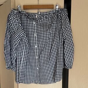 Merona Navy and White Off The Shoulder Gingham Top